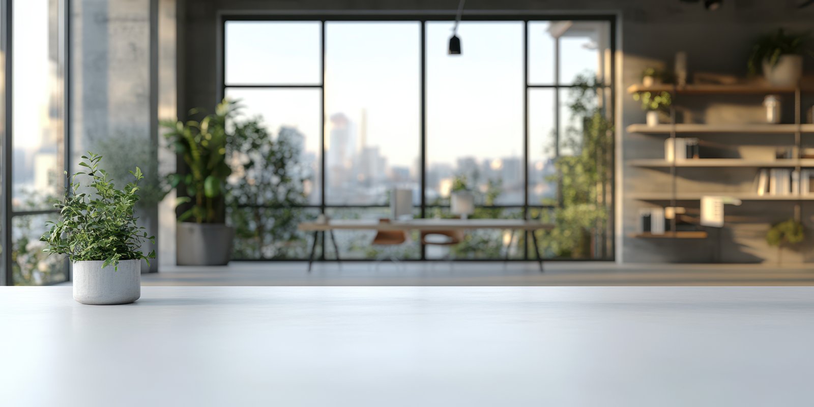 Modern workspace with indoor plants and city view on a sunny day